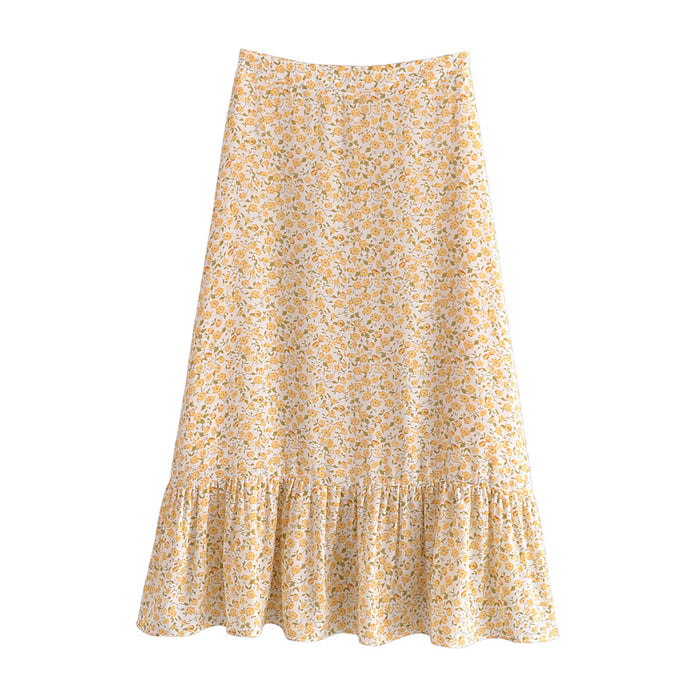 Summer Small Floral Printed High Waist Big Swing Midi Skirt Skirt