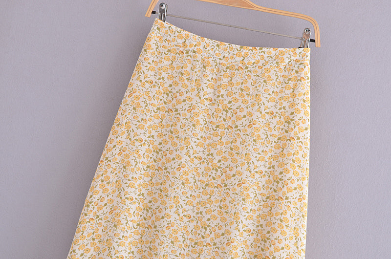 Summer Small Floral Printed High Waist Big Swing Midi Skirt Skirt