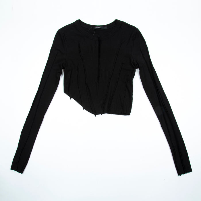 Irregular Asymmetric Hem Frayed Long-Sleeved T-shirt for Women Spring Slim Elastic Cropped Top