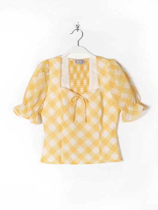 Summer New French Printed Checks Palace Square Collar Lace up Puff Sleeve Top