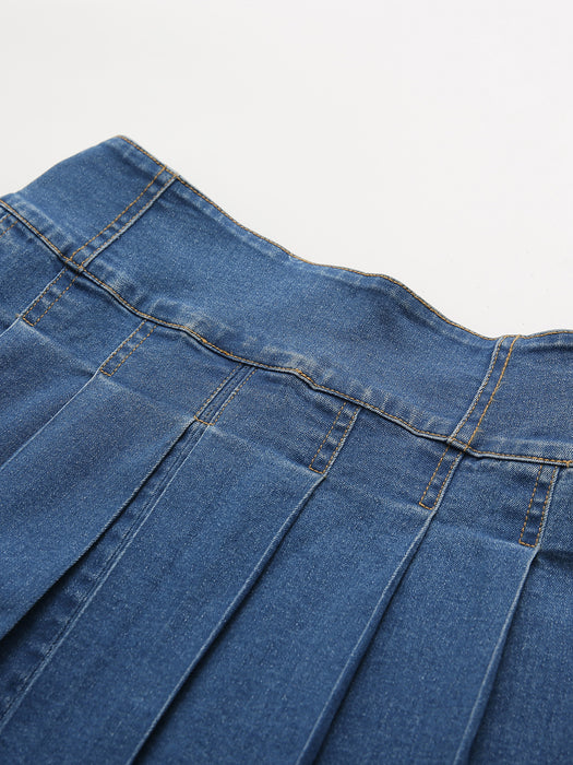 Korean Sweet Youth Pleated Skirt Women Spring Summer Blogger Same High Waist Denim Skirt