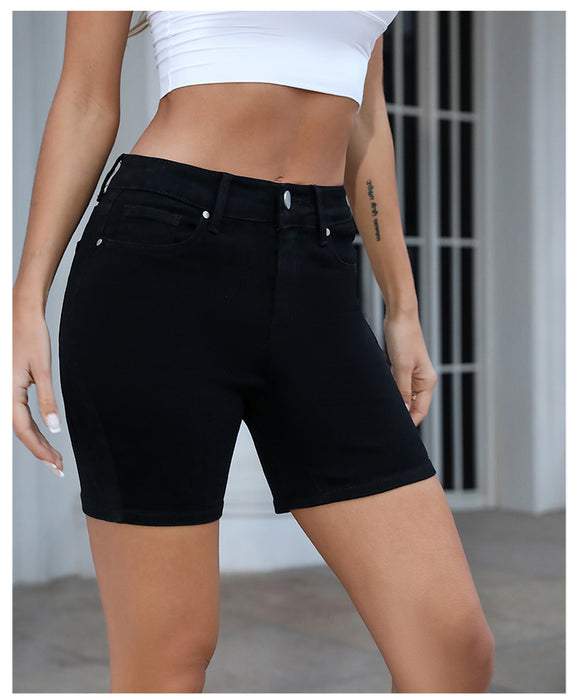 High Waist Pure Black Pencil Denim Shorts Women Elastic Slim Fit Slimming Casual Women Denim Shorts