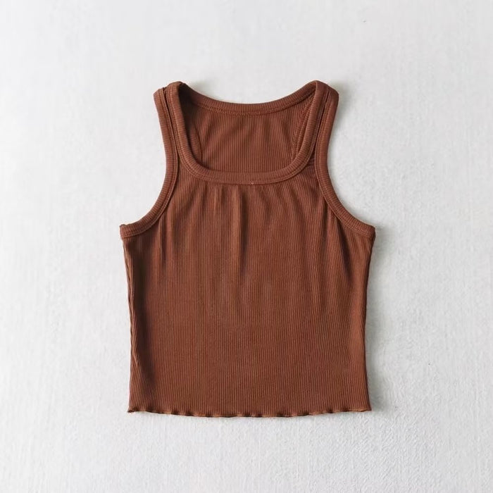 Wooden Ear Hem Square Collar Slimming Small Vest Close Summer Women Clothing