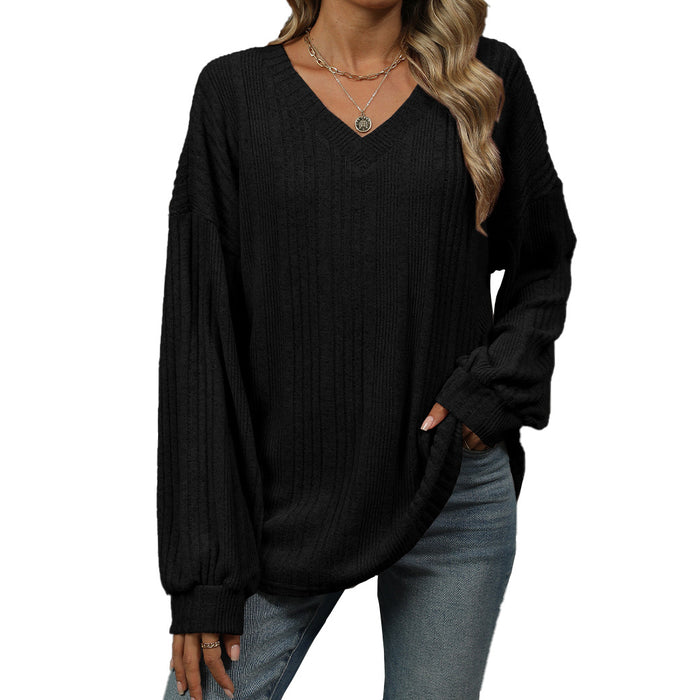 Autumn Winter Solid Color V Neck Loose Long Sleeved T Shirt Top Women