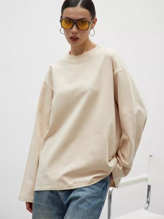 Cotton Solid Color Long-Sleeved T shirt Women Loose Fitting Casual round Neck Top