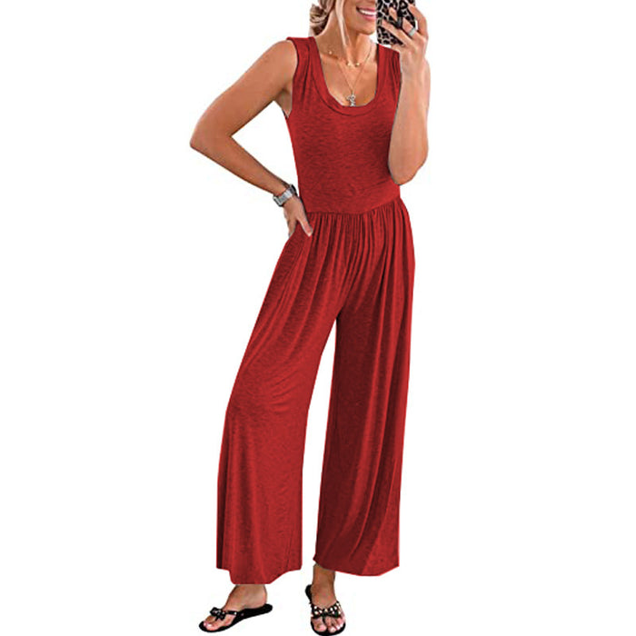 Summer Women Solid Color Sleeveless Jumpsuit