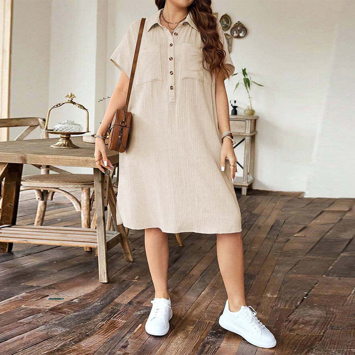 Plus Size Summer Women Loose Casual Shirt Dress Turn down Collar Short Sleeve Solid Color Dress