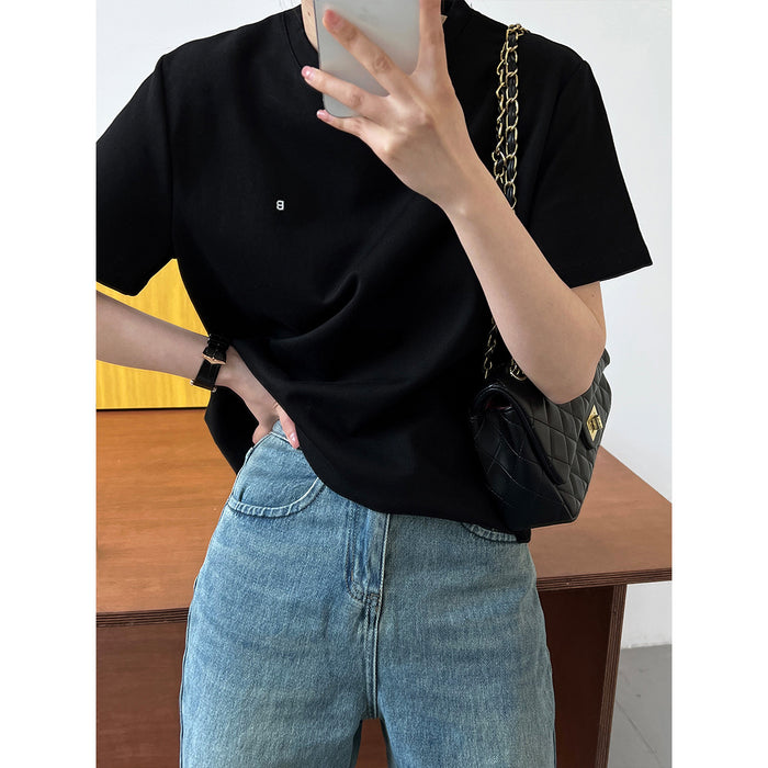 Letter Graphic Embroidered Simple Short Sleeved T Shirt Women Spring Summer Inner Wear Pullover Bottoming Shirt Shoulder Top