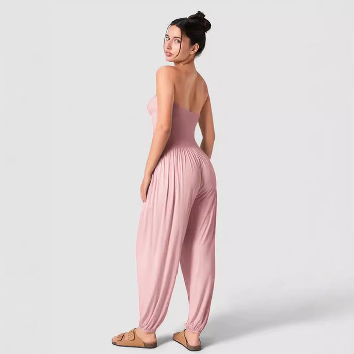 Casual Summer Tube Top Ankle Tied Jumpsuit Backless Pleated Pocket Bloomers One Piece Trousers for Women