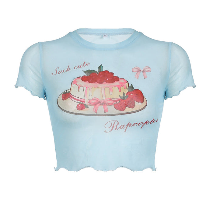 Girly Children's Fun Cake Floral Mesh Short Top Cute Youth Looking Curling with round Neck Bare Cropped Slim Fit Slimming Short Sleeve