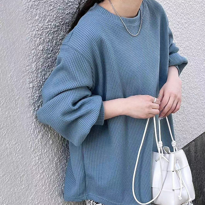 Autumn T shirt Women Loose Casual High Grade Waffle Niche Solid Color Slimming Round Neck Bottoming Shirt Long Sleeve