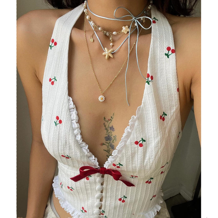 Women Clothing Summer Fashionable Elegant Sexy V neck Halter Cherry Printed Wooden Ear Vest