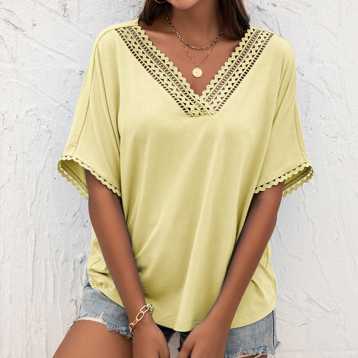 Women Clothing Summer Sexy Hollow Out Cutout out Stitching V-neck Loose Sweater Short Sleeve T-shirt for Women