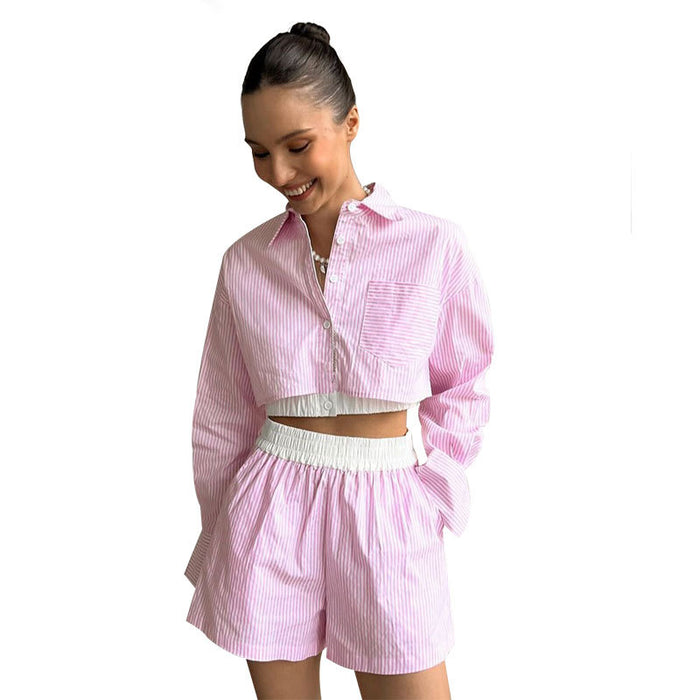 Striped Shirt Long Sleeve Ladies Two Piece Set Casual Elastic Waist Shorts Suit Summer