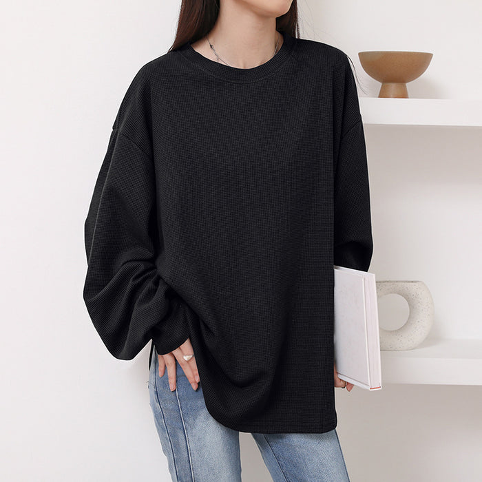 Japanese Korean Summer Waffle Women T shirt round Neck Solid Color All Matching Loose Long Sleeve