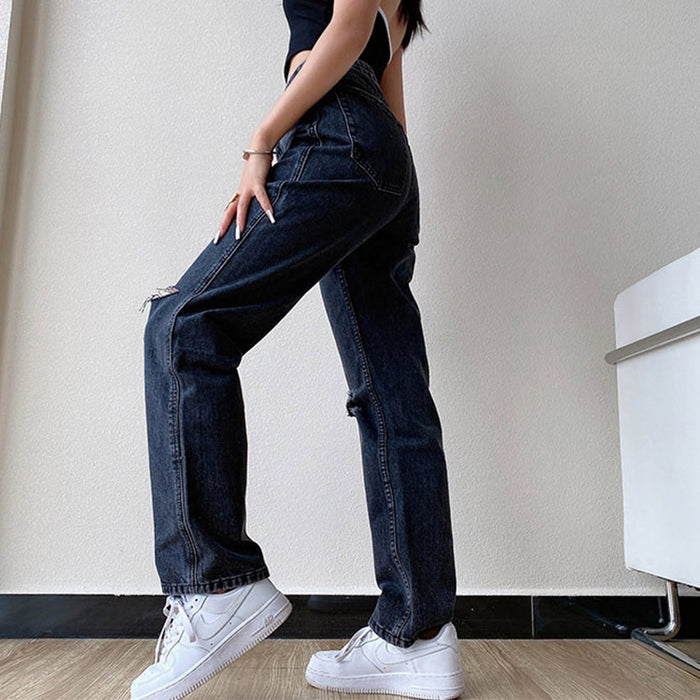 Women Jeans Casual Wide-Leg Washed Ripped Mid-Waist Jeans for Women