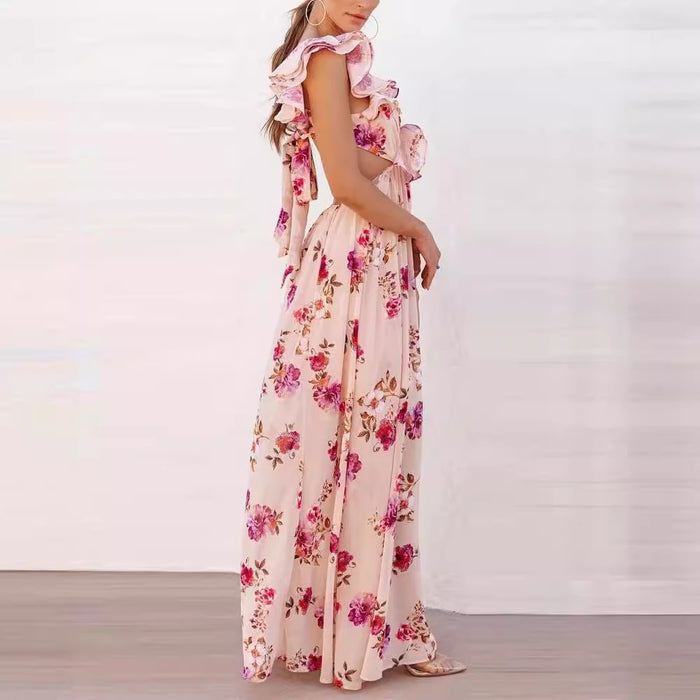 Arrival Women Floral Printing off the Shoulder Stitching Backless Summer Maxi Dress