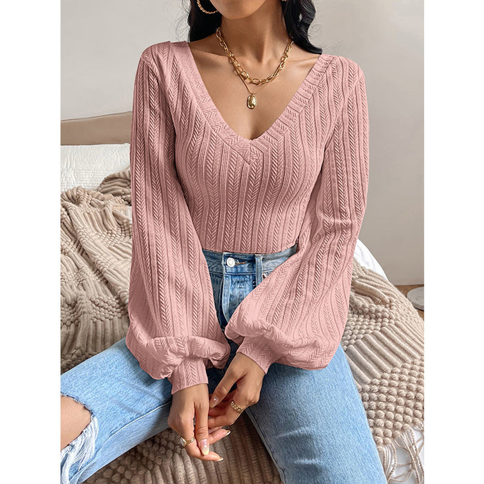 V neck Puff Sleeve Shirt Slim Office Twist Knitted Long-Sleeved Top