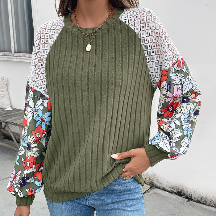 Knitted Top round Neck Floral Print Color Matching Sweater Women