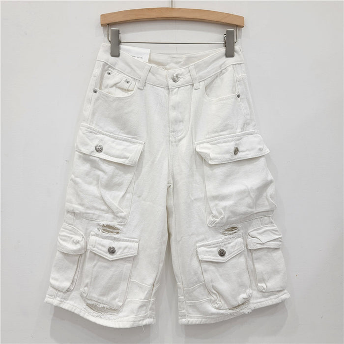 Multi Pocket Denim Shorts Brand Faux Leather Shuai Mei Retro Washed Distressed Tooling Loose Casual Cropped Trousers