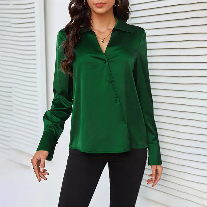 Satin Cross V neck Top Women Shirt Sleeve Cardigan Button Shirt Women Spring Summer