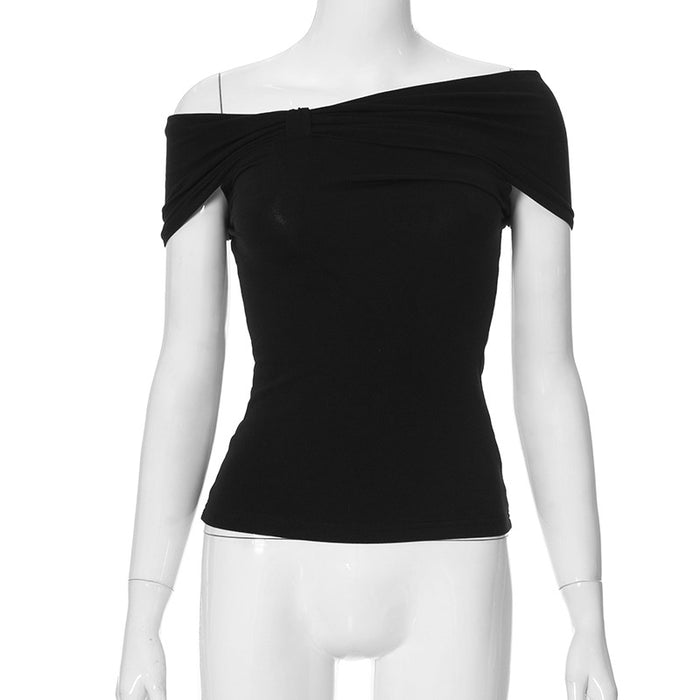 Office Simple Solid Color off Neck Reverse Slim Fit Slimming Top Women All Match