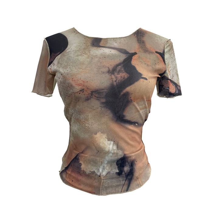 Popular Single Layer Thin Mesh Tie Dyed Printed Slim Fit Short Sleeved T Shirt Women Summer Short Sexy Top