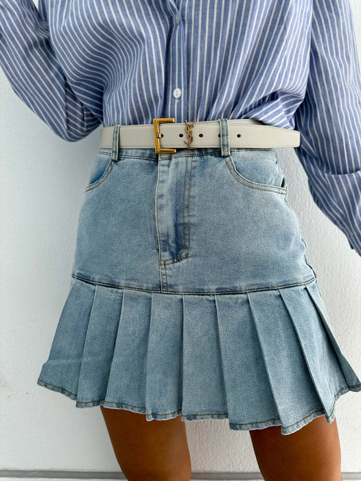 Pleated Stitching Denim Skirt No Belt