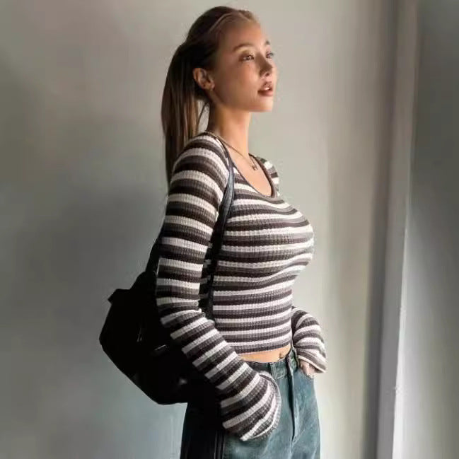 Women Autumn Bottoming Shirt Sexy Pullover round Neck Slim Striped High Grade Long Sleeve T shirt