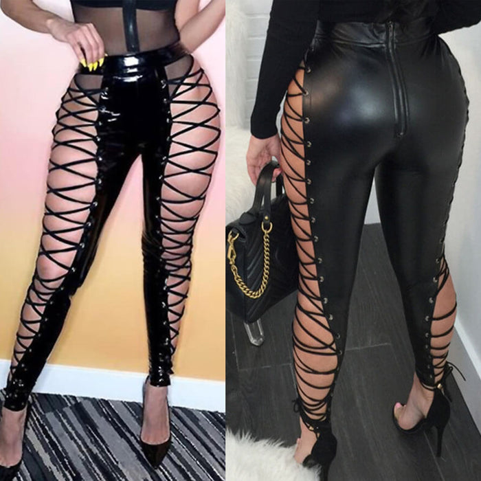 Spring Black Pants Sexy Casual Slim Criss Cross Strap Trousers