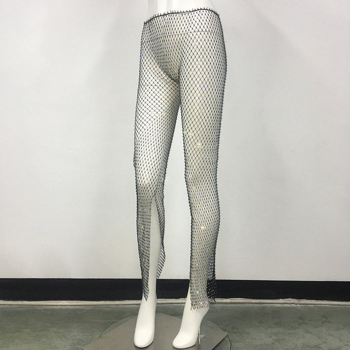 Women Clothing Sexy Fishnet Slit Pants Waist Slimming Fishnet Straight Leg Pants Mesh Rhinestone Fishnet Pants