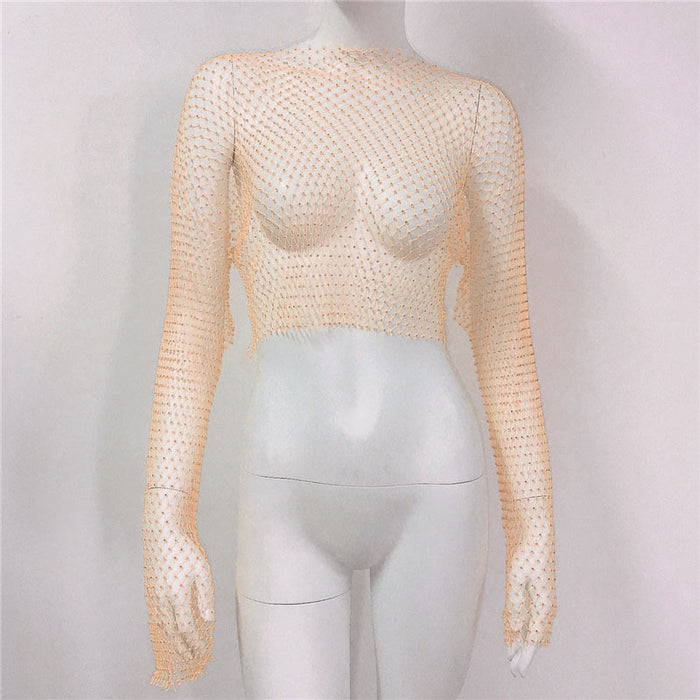 Fishnet T shirt Mesh Rhinestone Long Sleeved Top Sexy Rhinestone Fishnet Clothes Women