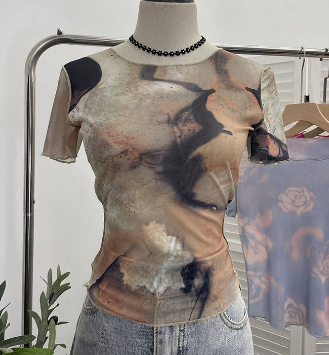 Popular Single Layer Thin Mesh Tie Dyed Printed Slim Fit Short Sleeved T Shirt Women Summer Short Sexy Top