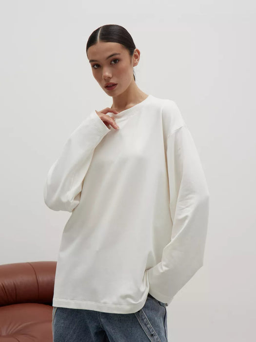 Cotton Solid Color Long-Sleeved T shirt Women Loose Fitting Casual round Neck Top