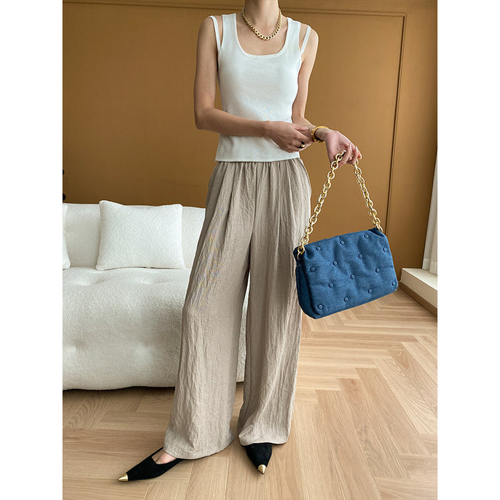 French Texture Pleated Design Elastic High Waist Slimming Lazy Casual Wide Leg Pants