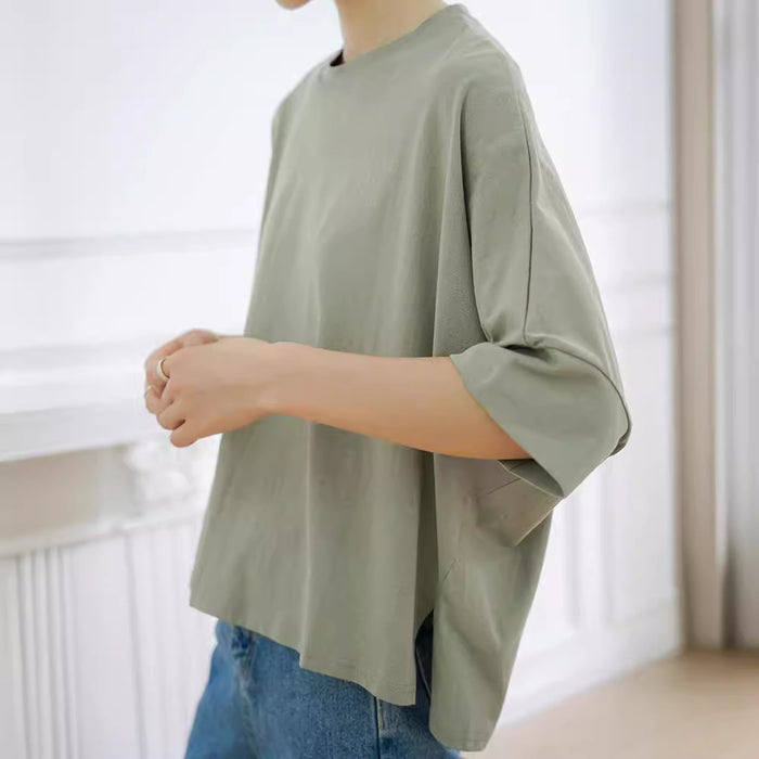 Popular Japanese Summer Loose Fitting Pure Cotton T shirt Women Large Batwing Sleeve Side Slit Top