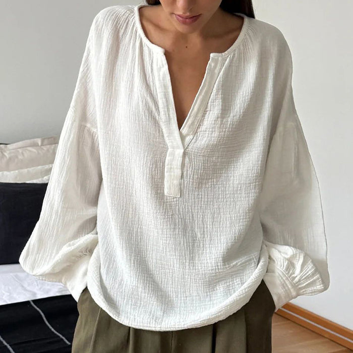 French Bubble Crepe Lantern Sleeve Loose Casual Shirt Autumn Arrival Top Women