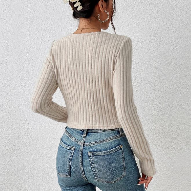 Autumn Bottoming Short Sleeved Top Slim Fit round Neck Long Sleeves Sunken Stripe T