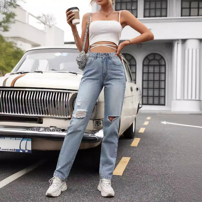 Women Clothing Straight Loose High Waist Denim Trousers