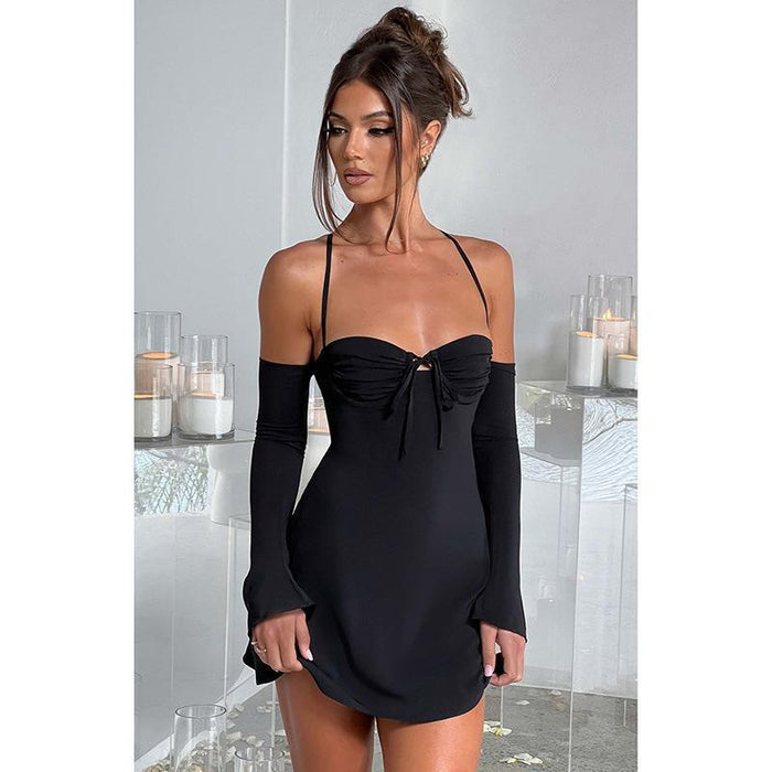 Summer Sexy Sexy Slim Fit Halter Spaghetti Straps Oversleeve Backless Lace up A line Dress for Women