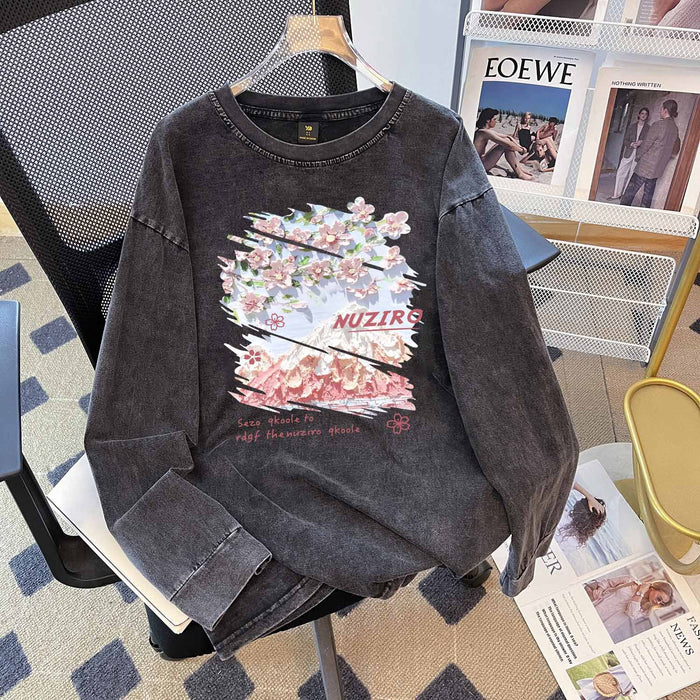 Simple Brand Loose Washed Out Distressed Long T Shirt Women Autumn Washed Vintage Cotton Round Neck Sweater