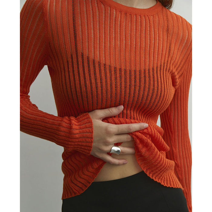 Hollow Out Cutout Sweater Spring Summer Sexy Slim Fit Cashmere Round Neck Long Sleeve Thin Sunken Stripe Sweater