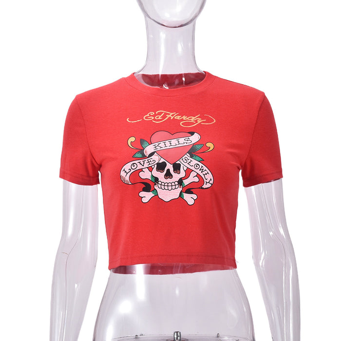 Summer Sexy Printed Skull Adhesive Cement Slim Fit Crop Top Short Top Women