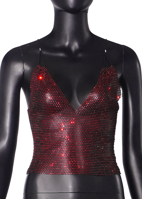 Grid Rhinestone Sexy Suspenders Slim Top Vest Women