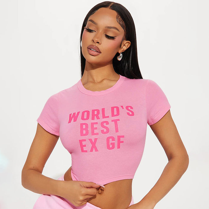 Women Clothing Summer round Neck Letter Graphic Print Cropped Exposed Ultra Short Sexy Tight T shirt Top