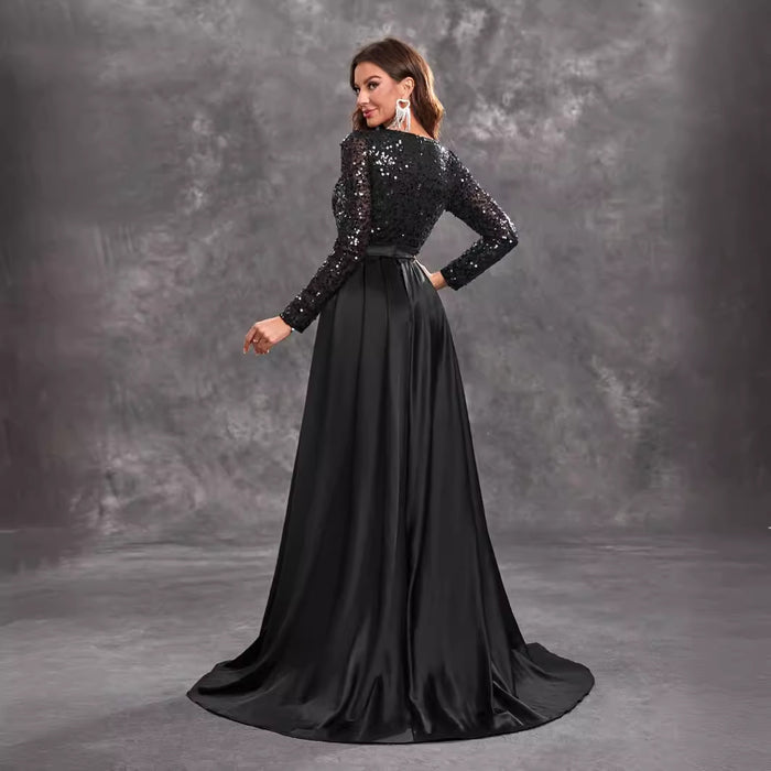 Women Prom Party Dress Sequined Long Sleeve Round Neck Sexy Elegant Black Formal Dress