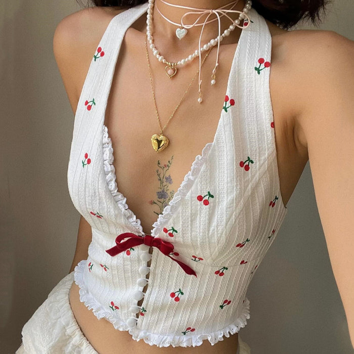 Women Clothing Summer Fashionable Elegant Sexy V neck Halter Cherry Printed Wooden Ear Vest