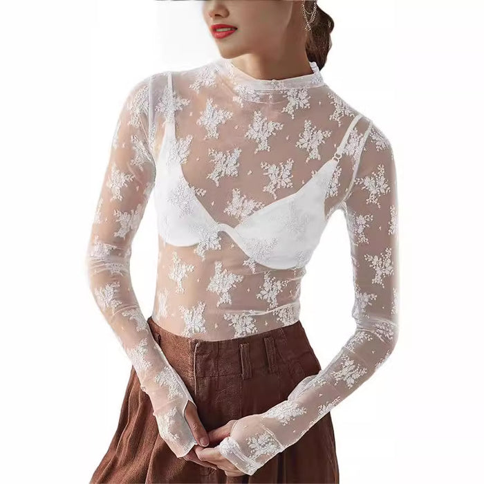Women Clothing Sexy Sexy Thumb Hole Lace Bottoming Shirt