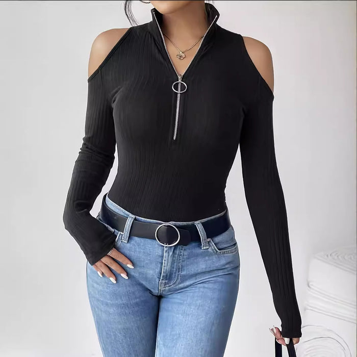 Elegant Lady Solid Color Rib Fabric Free Zipped Stand Collar off the Shoulder Long Sleeve T shirt Slimming Top