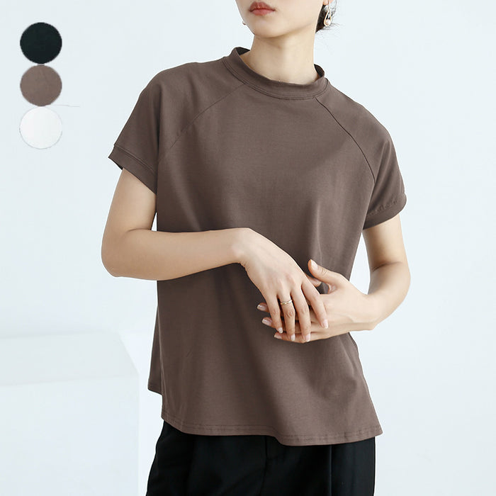 Summer Cotton Solid Color Short Sleeve Women T Shirt French Pullover Women Side Slit